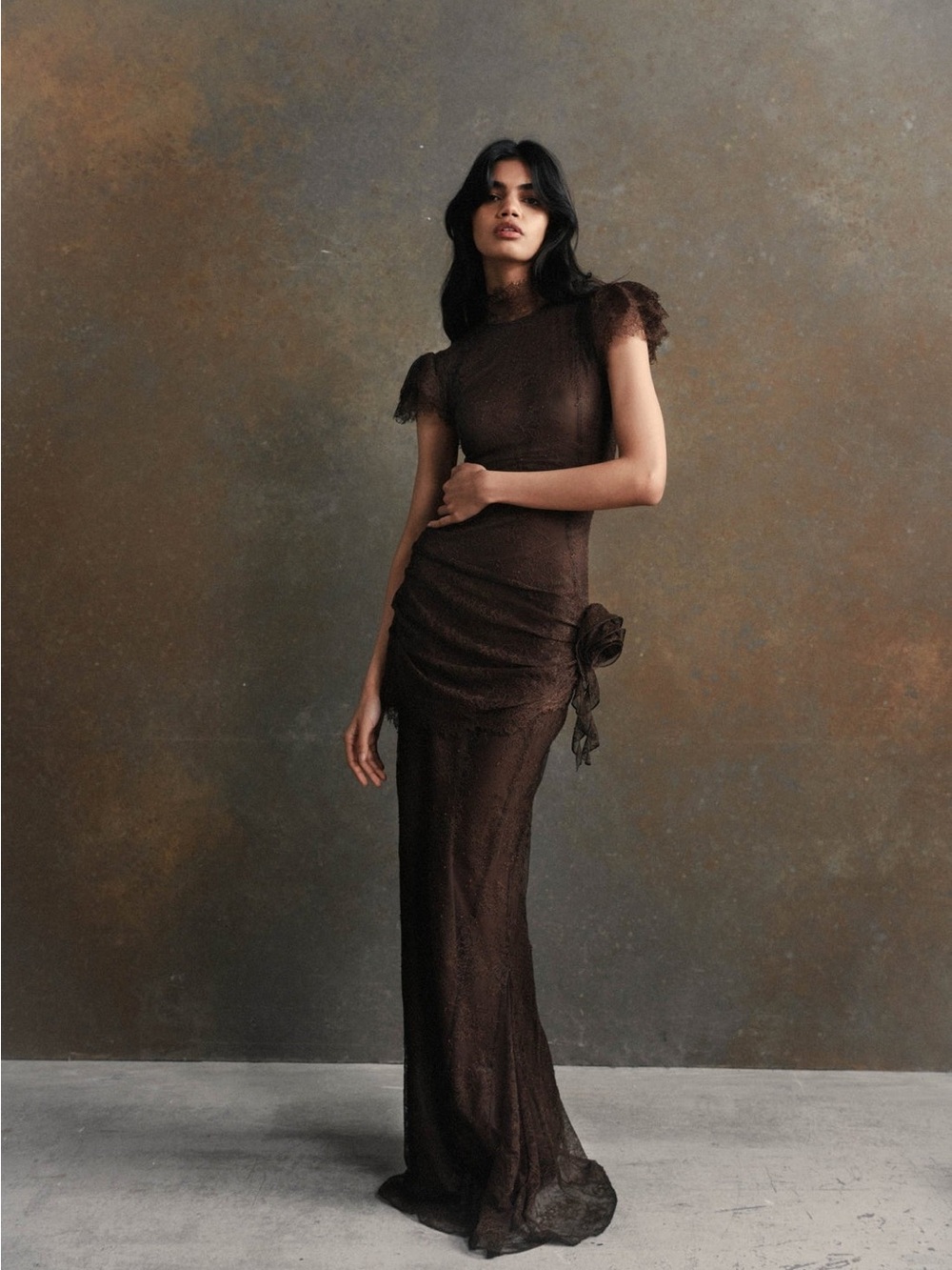 De La Vali Silentium Chocolate Brown Lace Maxi Dress with Floral Side Accent